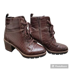 SOUL Naturalizer Croc Lace-Up Boots Size 9M Brown Combat Chunky Heel Fall Winter